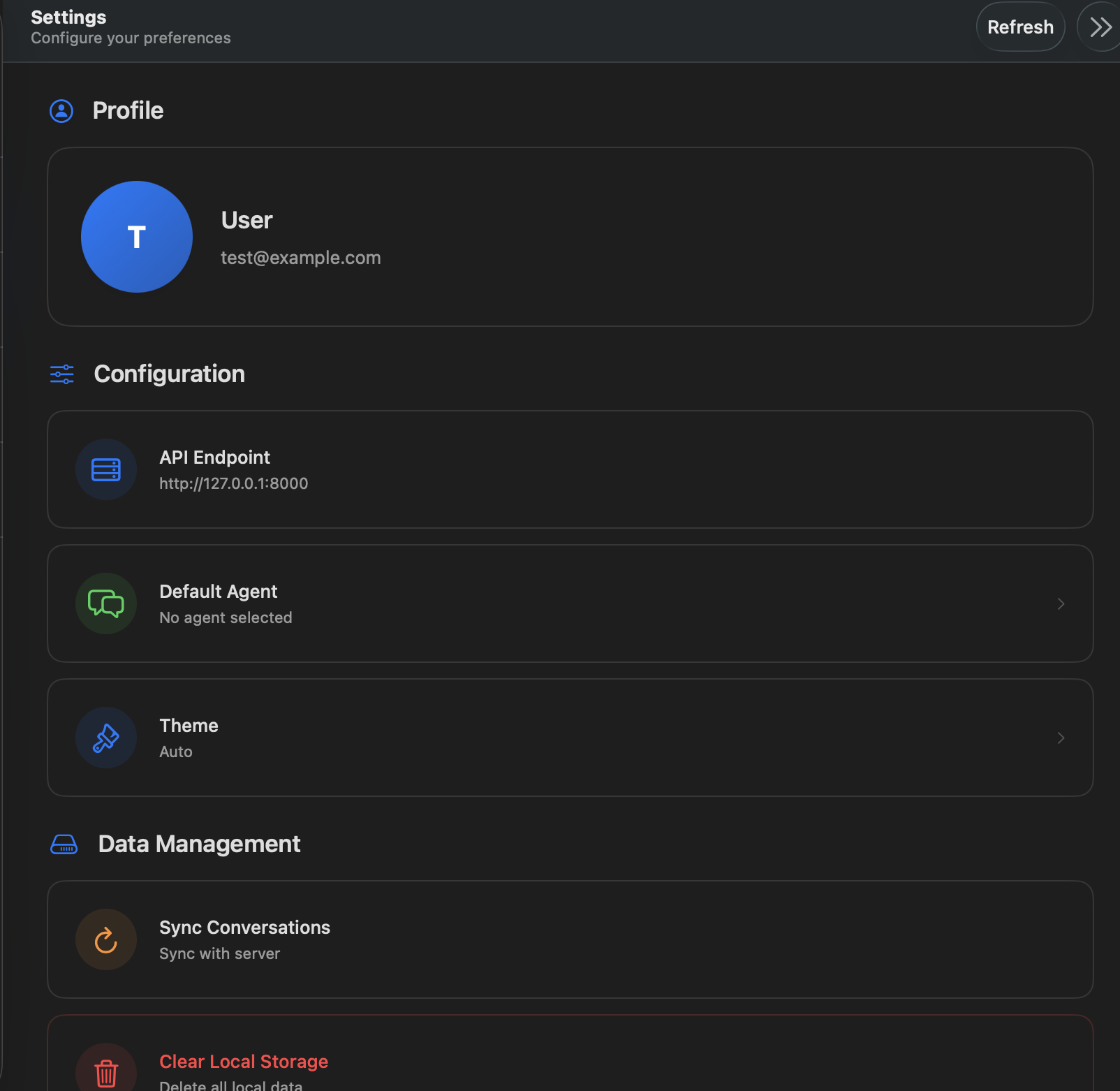 App settings screen